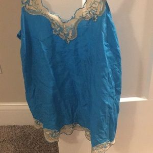 Teal silk tank with off white lace trim